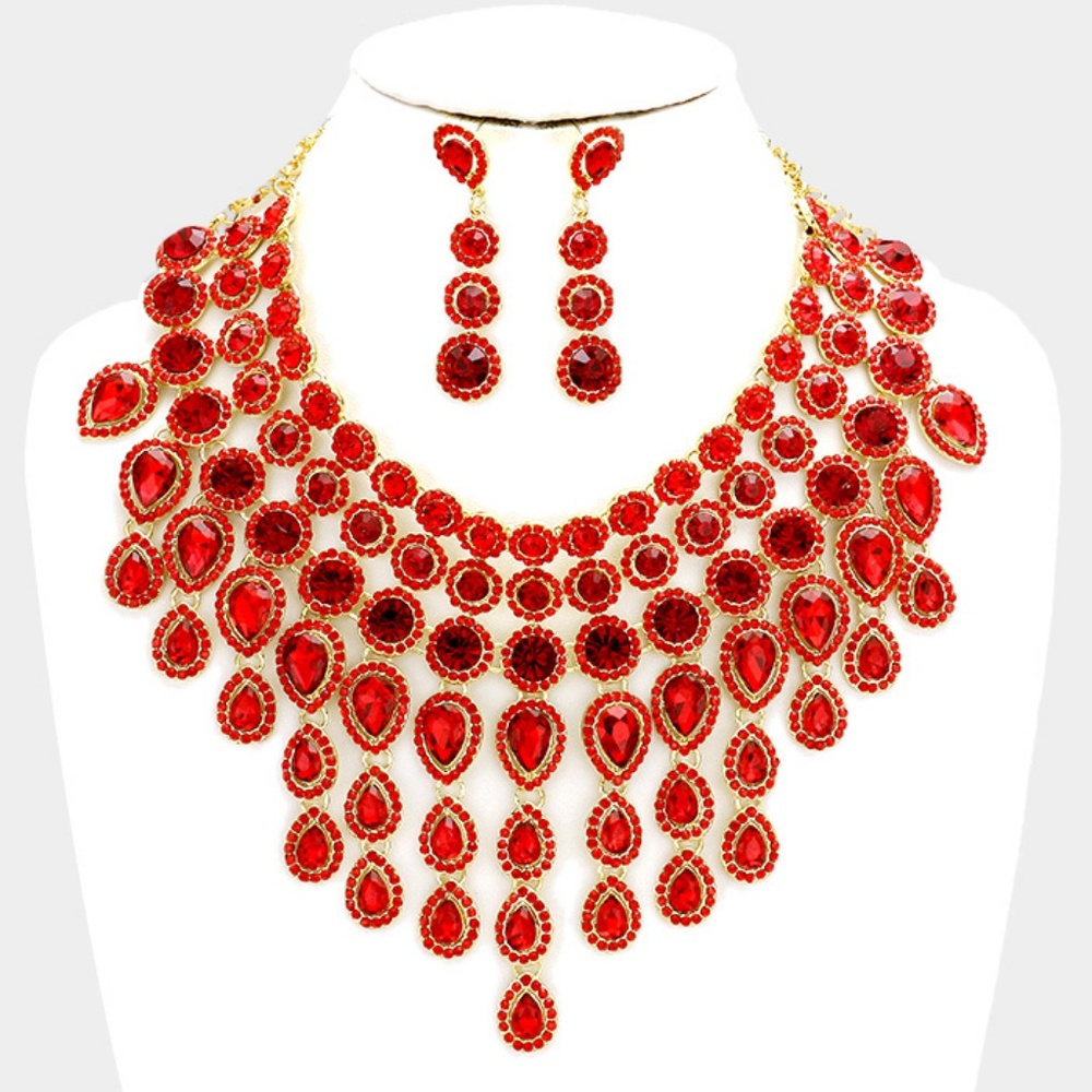 Elegant Siam Red Crystal Choker Necklace Set Waterfall Statement Jewelry